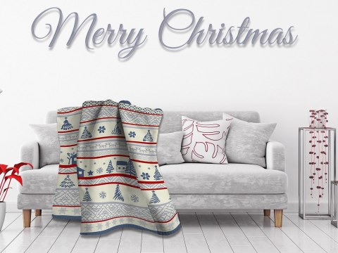 Koc bawełniany akrylowy 150x200 18100 A świąteczny Merry Christmas choinki domki śnieżki szary kremowy czerwony Koc bawełniany akrylowy 150x200 18100 A świąteczny Merry Christmas choinki domki śnieżki szary kremowy czerwony
