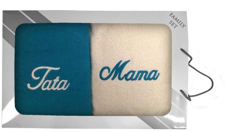 Komplet ręczników w pudełku 2 szt 50x100 Mama Tata kremowy turkusowy 22 Komplet ręczników w pudełku 2 szt 50x100 Mama Tata kremowy turkusowy 22