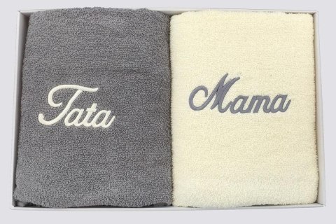 Komplet ręczników w pudełku 2 szt 70x140 Mama Tata kremowy szary jasny 06 Komplet ręczników w pudełku 2 szt 70x140 Mama Tata kremowy szary jasny 06