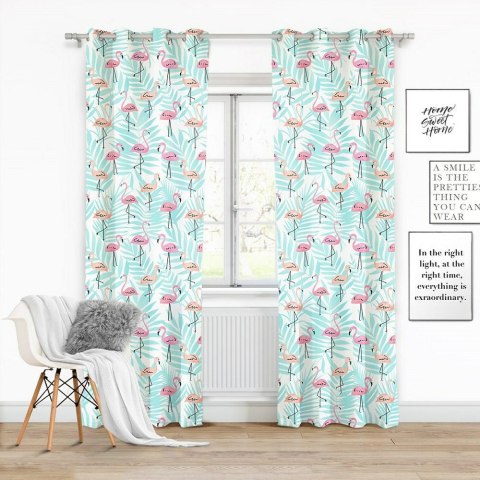 Zasłona gotowa na przelotkach 140x250 biała flamingi liście palmy miętowe Flamingove Zasłona gotowa na przelotkach 140x250 biała flamingi liście palmy miętowe Flamingove