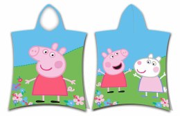 Poncho dla dzieci 50x115 Świnka Peppa Pig 7612 ręcznik z kapturem łąka kwiatki niebieski zielony