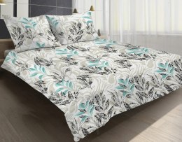 Pościel satynowa 160x200 14A Premium Vigo Flower liście beżowa miętowa
