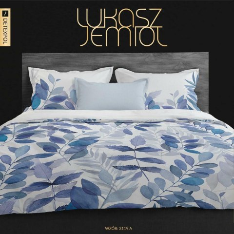 Pościel satynowa 220x200 Liście Łukasz Jemioł biała niebieska Ekskluzywna dwustronna 3119 A Pościel satynowa 220x200 Liście Łukasz Jemioł biała niebieska Ekskluzywna dwustronna 3119 A