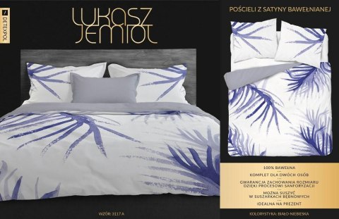 Pościel satynowa 220x200 Liście palmy Łukasz Jemioł biała fioletowa szara Ekskluzywna dwustronna 3117 A Pościel satynowa 220x200 Liście palmy Łukasz Jemioł biała fioletowa szara Ekskluzywna dwustronna 3117 A