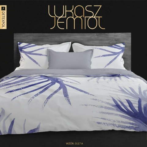 Pościel satynowa 220x200 Liście palmy Łukasz Jemioł biała fioletowa szara Ekskluzywna dwustronna 3117 A Pościel satynowa 220x200 Liście palmy Łukasz Jemioł biała fioletowa szara Ekskluzywna dwustronna 3117 A