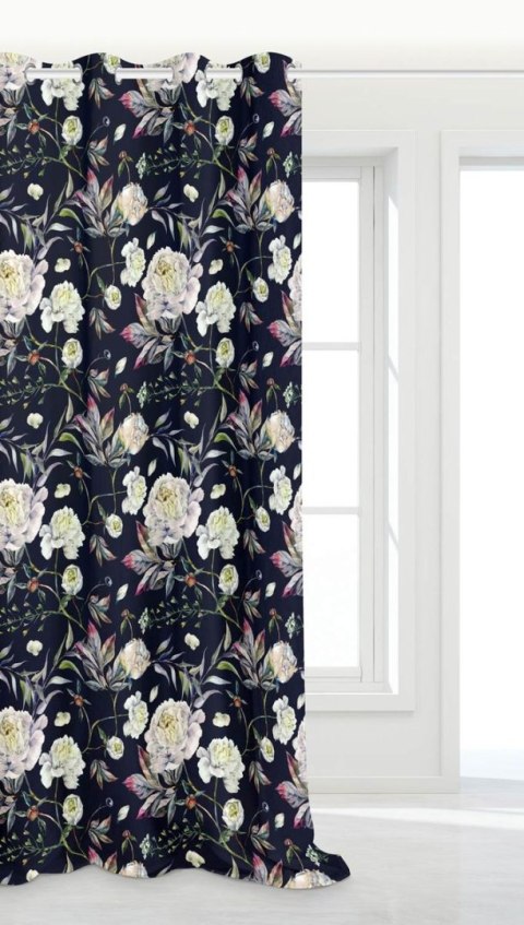 Zasłona Peony 140x250 peonie kwiaty czarna gotowa na przelotkach do salonu Zasłona Peony 140x250 peonie kwiaty czarna gotowa na przelotkach do salonu