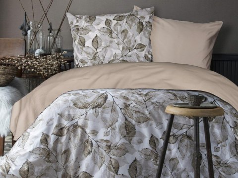 Pościel satynowa 160x200 Pomeo w pudełku beżowa biała liście Luxury Pościel satynowa 160x200 Pomeo w pudełku beżowa biała liście Luxury