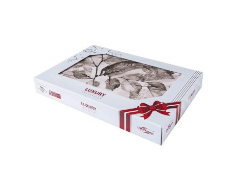 Pościel satynowa 160x200 Pomeo w pudełku beżowa biała liście Luxury Pościel satynowa 160x200 Pomeo w pudełku beżowa biała liście Luxury