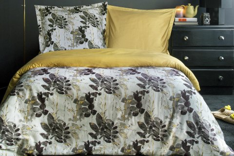 Pościel satynowa 220x200 Olivia w pudełku liście szara musztardowa dwustronna Luxury Premium Pościel satynowa 220x200 Olivia w pudełku liście szara musztardowa dwustronna Luxury Premium