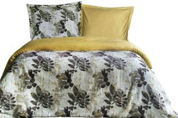 Pościel satynowa 220x200 Olivia w pudełku liście szara musztardowa dwustronna Luxury Premium