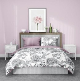 Pościel satynowa 220x200 Elegant 001 kwiaty motyle biała czarna fioletowa dwustronna S 23 Faro