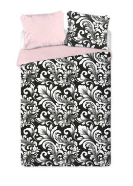 Pościel satynowa 220x200 Elegant 005 orientalna czarna różowa biała liście ornamenty dwustronna S 23 Faro
