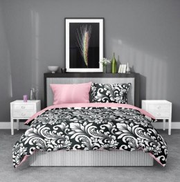 Pościel satynowa 220x200 Elegant 005 orientalna czarna różowa biała liście ornamenty dwustronna S 23 Faro