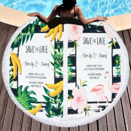 Ręcznik koc okrągły plażowy Boho 03 banany liście kwiaty 150 cm mikrofibra 250g/m2 flamingi Safe the date