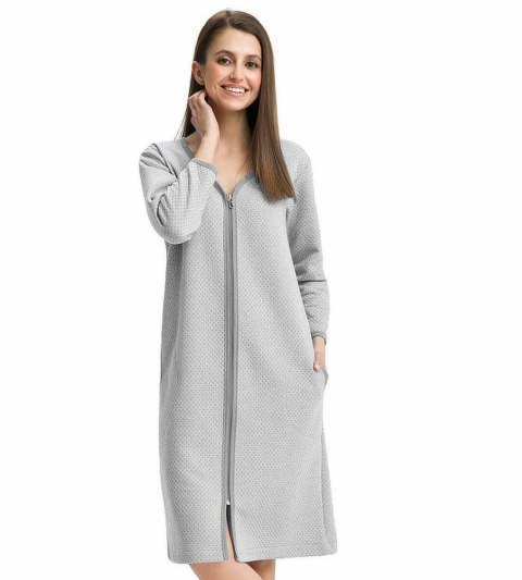 Szlafrok damski 214 XXL szary podomka na suwak z kieszeniami z wytłaczanym wzorem bawełniany rękaw 7/8 Szlafrok damski 214 XXL szary podomka na suwak z kieszeniami z wytłaczanym wzorem bawełniany rękaw 7/8