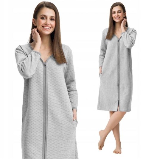 Szlafrok damski 214 XXL szary podomka na suwak z kieszeniami z wytłaczanym wzorem bawełniany rękaw 7/8 Szlafrok damski 214 XXL szary podomka na suwak z kieszeniami z wytłaczanym wzorem bawełniany rękaw 7/8