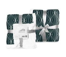 Koc narzuta z mikrofibry 150x200 Sherpa zielony ciemny biały geometyczny baranek dwustronny Faro