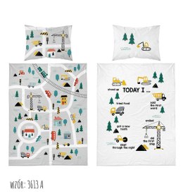 Pościel bawełniana 90x120 Miasto 3613 A szara biała domek koparka dźwig drzewa dziecięca Kids 1