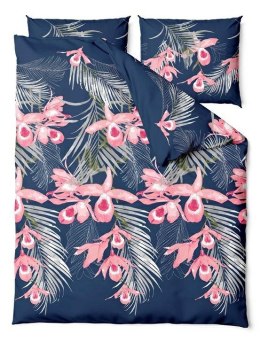 Pościel satynowa 160x200 Orchids kwiaty liście granatowa różowa Satin Home 1
