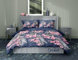 Pościel satynowa 160x200 Orchids kwiaty liście granatowa różowa Satin Home 1