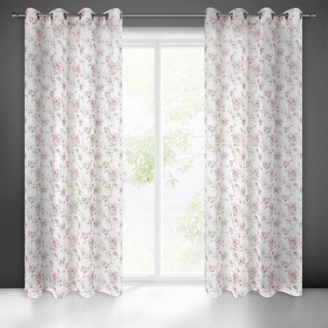 Firana 140x250 Amber biała różowa gotowa na przelotkach z matowej etaminy z malowanym kwiatowym wzorem Eurofirany Firana 140x250 Amber biała różowa gotowa na przelotkach z matowej etaminy z malowanym kwiatowym wzorem Eurofirany