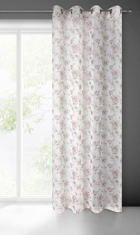 Firana 140x250 Amber biała różowa gotowa na przelotkach z matowej etaminy z malowanym kwiatowym wzorem Eurofirany Firana 140x250 Amber biała różowa gotowa na przelotkach z matowej etaminy z malowanym kwiatowym wzorem Eurofirany
