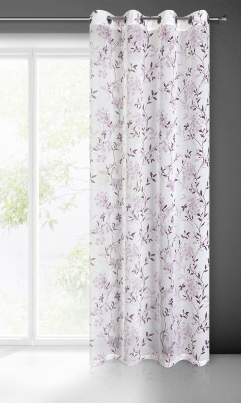 Firana 140x250 Fiona biała fioletowa gotowa na przelotkach z lekkiej matowej etaminy z nadrukiem kwiatowym Eurofirany Firana 140x250 Fiona biała fioletowa gotowa na przelotkach z lekkiej matowej etaminy z nadrukiem kwiatowym Eurofirany