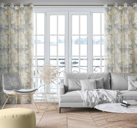 Zasłona 140x250 Ola srebrna w stylu eko z kwiatowym nadrukiem półprzeźroczysta gotowa na przelotkach Eurofirany Zasłona 140x250 Ola srebrna w stylu eko z kwiatowym nadrukiem półprzeźroczysta gotowa na przelotkach Eurofirany