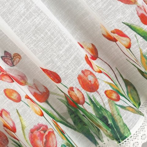 Zazdrostka 60x150 Stella biała czerwona gotowa na tunel wzór kwiatowy tulipany z matowej tkaniny z koronką Eurofirany Zazdrostka 60x150 Stella biała czerwona gotowa na tunel wzór kwiatowy tulipany z matowej tkaniny z koronką Eurofirany