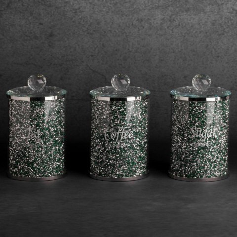 Komplet pojemników Ventosa 3szt. 10x17 kawa herbata cukier zielony srebrny do przechowywania z kryształkami w stylu glamour Euro Komplet pojemników Ventosa 3szt. 10x17 kawa herbata cukier zielony srebrny do przechowywania z kryształkami w stylu glamour Euro