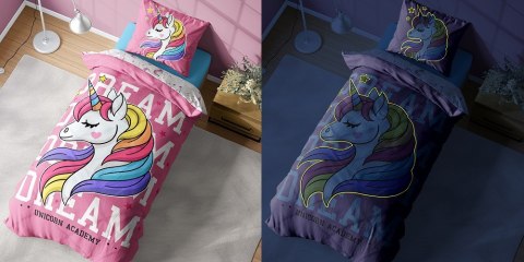 Pościel świecąca w ciemności 160x200 Jednorożec unicorn różowa 4235 A bawełniana Fluo 76 Pościel świecąca w ciemności 160x200 Jednorożec unicorn różowa 4235 A bawełniana Fluo 76