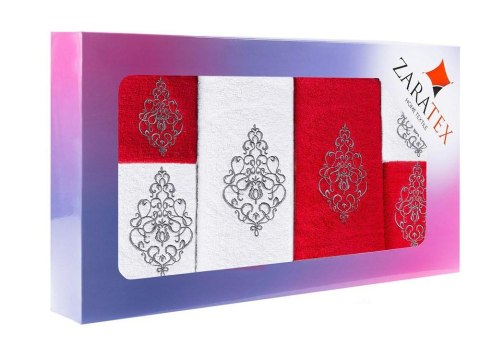 Komplet ręczników w pudełku 6 szt Ornament biały czerwony po 2szt. 30x50 50x90 70x140 400g/m2 Komplet ręczników w pudełku 6 szt Ornament biały czerwony po 2szt. 30x50 50x90 70x140 400g/m2
