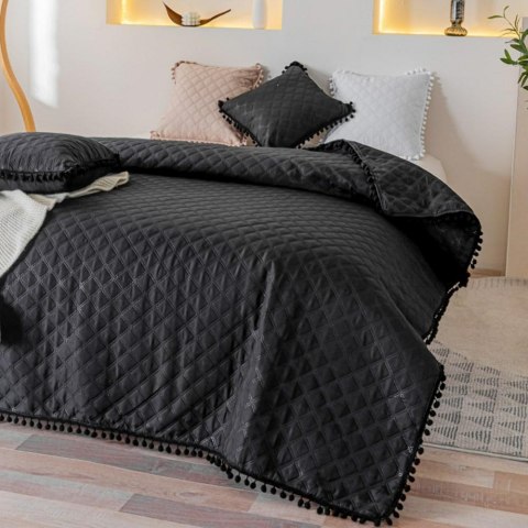 Narzuta z pomponami 140x200 czarna Pompoo pompony romby glamour dekoracyjna Narzuta z pomponami 140x200 czarna Pompoo pompony romby glamour dekoracyjna