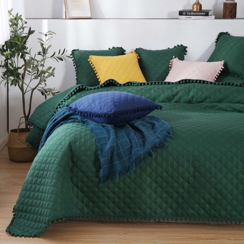Narzuta z pomponami 240x220 zielona butelkowa Pompoo pompony romby glamour dekoracyjna Narzuta z pomponami 240x220 zielona butelkowa Pompoo pompony romby glamour dekoracyjna