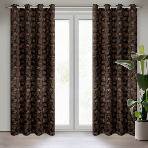 Zasłona 140x250 Marigold gotowa na przelotkach z tkaniny zaciemniającej z nadrukiem złotych liści lilii wodnych Eurofirany