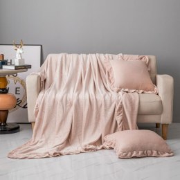 Koc narzuta z mikrofibry 200x220 Ruffly pudrowy różowy wykończony falbanami