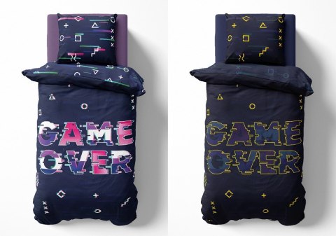 Pościel świecąca w ciemności 160x200 Game Over dla gracza granatowa różowa młodzieżowa 3678A Fluo 0322 Pościel świecąca w ciemności 160x200 Game Over dla gracza granatowa różowa młodzieżowa 3678A Fluo 0322