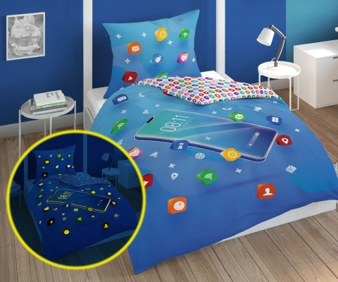 Pościel świecąca w ciemności 160x200 niebieska telefon młodzieżowa 3683A Fluo 0322 Pościel świecąca w ciemności 160x200 niebieska telefon młodzieżowa 3683A Fluo 0322