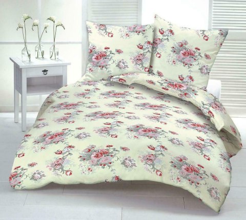 Pościel z kory 180x200 124/1 kremowa różyczki czerwone na guziki bawełniana Pościel z kory 180x200 124/1 kremowa różyczki czerwone na guziki bawełniana