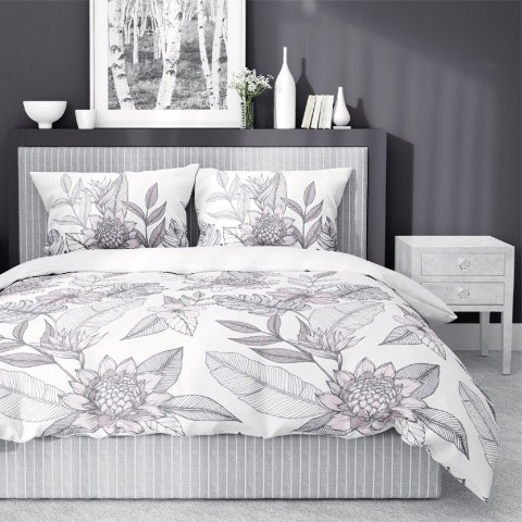 Pościel satynowa 220x200 biała szara kwiaty liście 4125 B Home Satin 001 Pościel satynowa 220x200 biała szara kwiaty liście 4125 B Home Satin 001