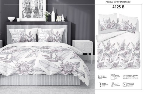 Pościel satynowa 220x200 biała szara kwiaty liście 4125 B Home Satin 001 Pościel satynowa 220x200 biała szara kwiaty liście 4125 B Home Satin 001