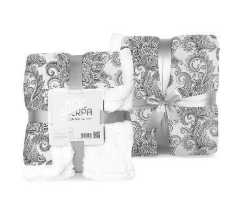 Koc narzuta z mikrofibry 150x200 Sherpa biały czarny ornamenty baranek dwustronny Faro Koc narzuta z mikrofibry 150x200 Sherpa biały czarny ornamenty baranek dwustronny Faro