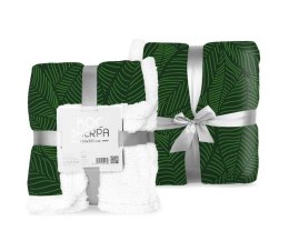 Koc narzuta z mikrofibry 150x200 Sherpa zielony biały liście baranek dwustronny Faro