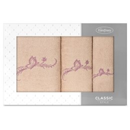 Komplet ręczników w pudełku 3 szt. Fairy pudrowy liliowy motyl 380 g/m2 Eurofirany
