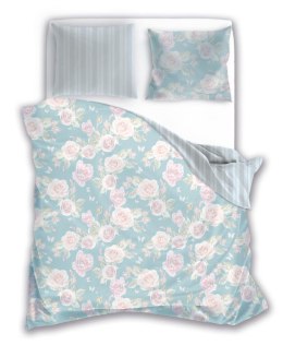 Pościel satynowa 160x200 Elegant 025 miętowa różowa kwiaty róże dwustronna S 23 Faro