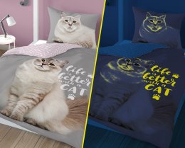 Pościel świecąca w ciemności 160x200 Kot szara różowa 4540 A Fluo 10