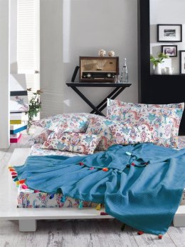 Komplet pościeli bawełniana 160x200 Styleup + Koc 180x220 niebieski z frędzlami paisley komplet w pudełku Faro