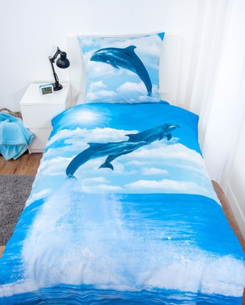 Pościel bawełniana 140x200 Delfiny poszewka niebieska 70x90 H23 Pościel bawełniana 140x200 Delfiny poszewka niebieska 70x90 H23