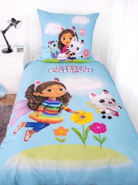 Pościel bawełniana 140x200 Koci domek Gabi niebieska kolorowa poszewka 70x90 H23 Pościel bawełniana 140x200 Koci domek Gabi niebieska kolorowa poszewka 70x90 H23