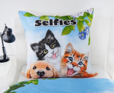 Pościel bawełniana 140x200 Selfie ze zwierzętami domowymi niebieska kolorowa poszewka 70x90 H23 Pościel bawełniana 140x200 Selfie ze zwierzętami domowymi niebieska kolorowa poszewka 70x90 H23